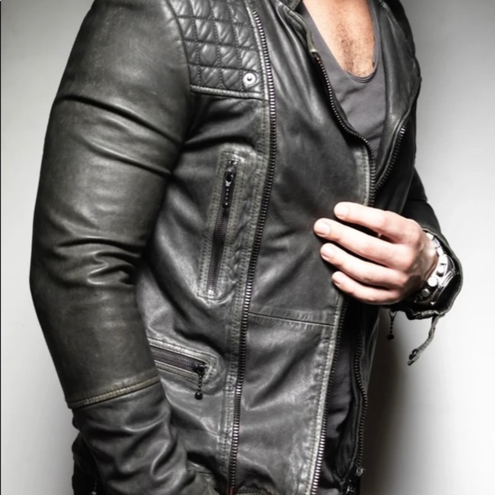 All Saints Blk Leather Biker Jacket - Large